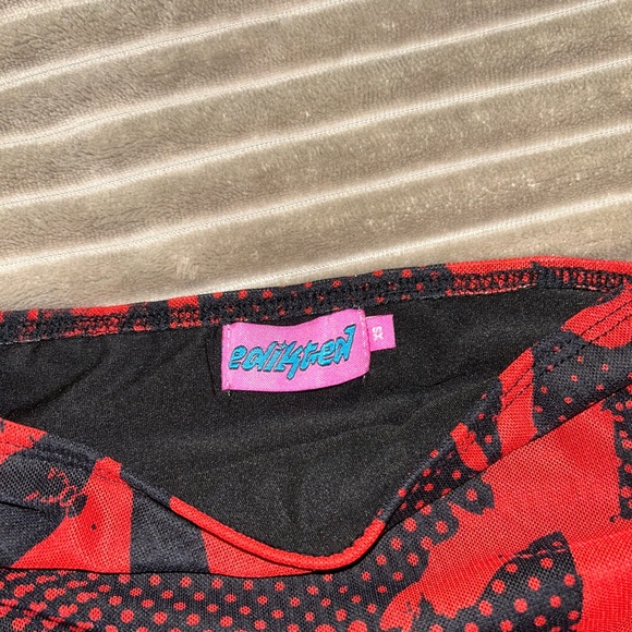 EDIKTED RED AND BLACK MESH POLKA DOT Y2K GRUNGE GRAPHIC LACE UP MINI SKIRT - Picture 7 of 11